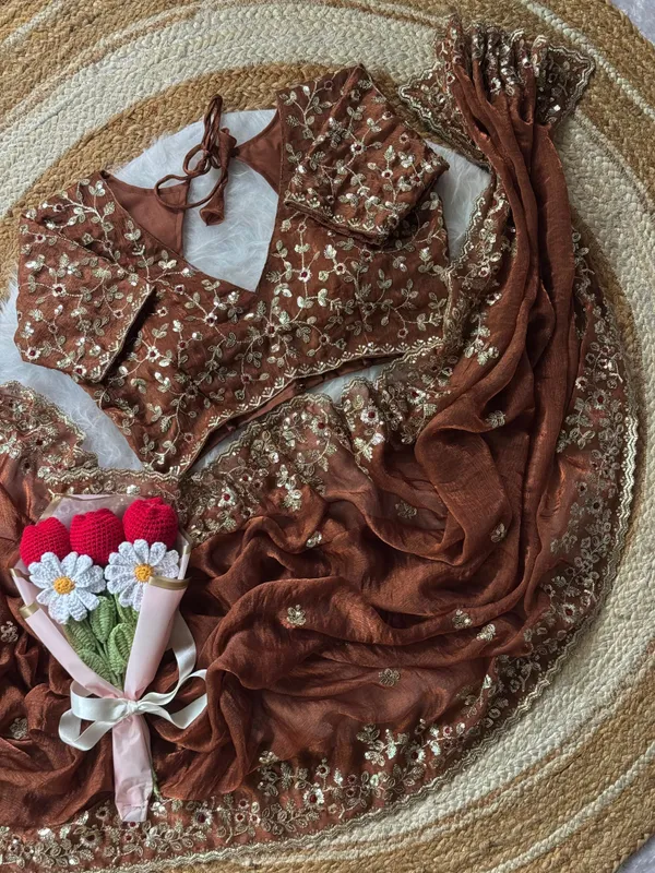 Brown_Satin_Chiffon_Silk_Designer_Saree