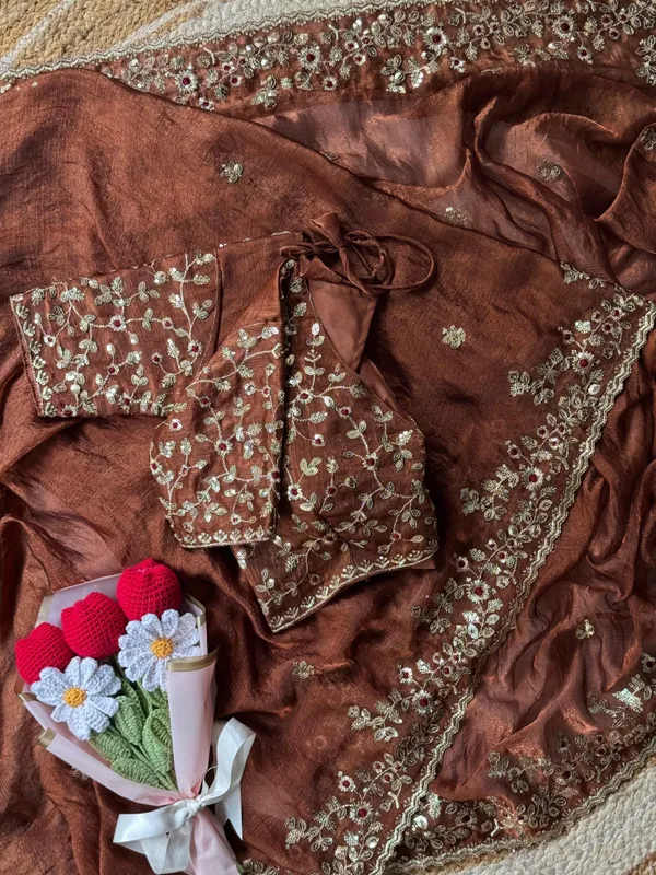 Brown_Satin_Chiffon_Silk_Designer_Saree