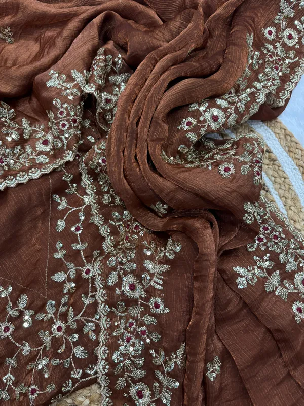 Brown_Satin_Chiffon_Silk_Designer_Saree