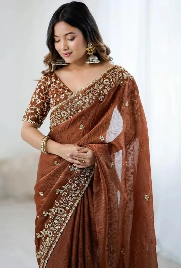 Brown_Satin_Chiffon_Silk_Designer_Saree