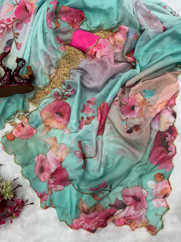 Teal_Katdana_and_Beads_Hand-Embroidered_Saree
