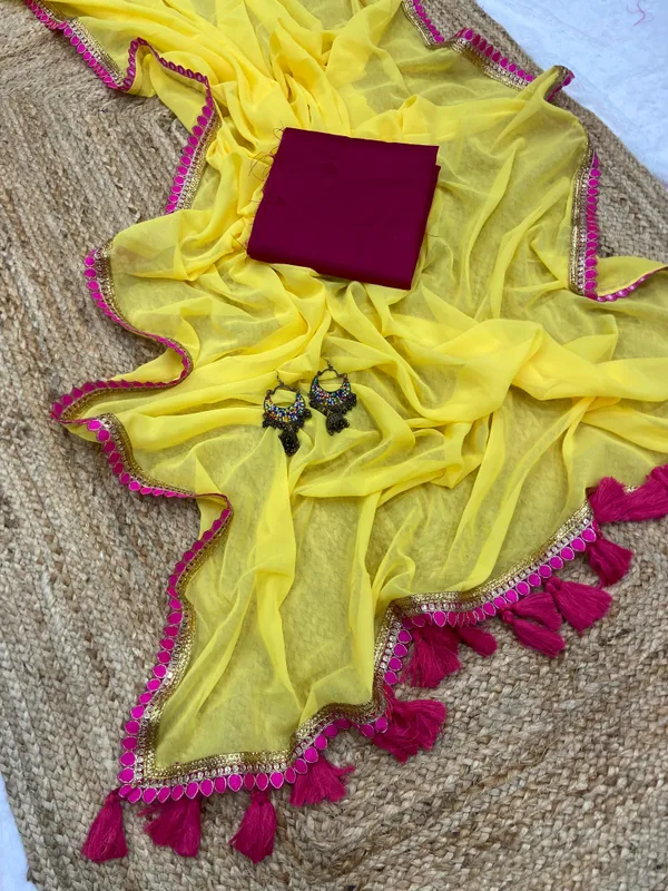 RAJGHARANA Lemon Yellow Smooth Embroidered Saree Price in