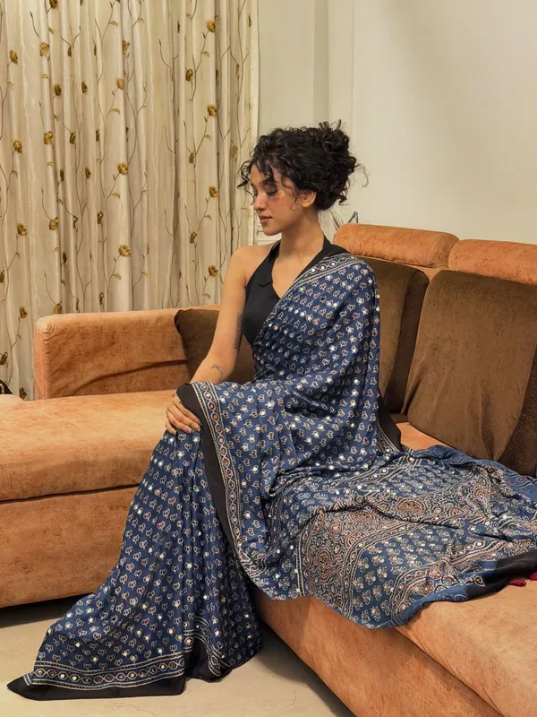 Blue_Ajarakh_Print_Mirror_Work_Saree