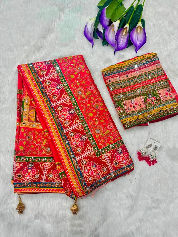 Orange_Ajarakh_Print_Mirror_Embroidered_Saree
