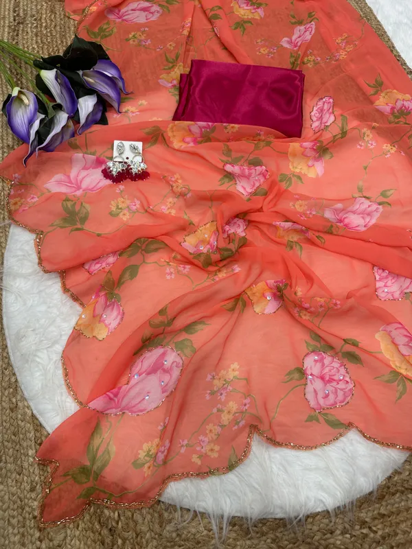 Orange_Floral_Embroidered_Saree