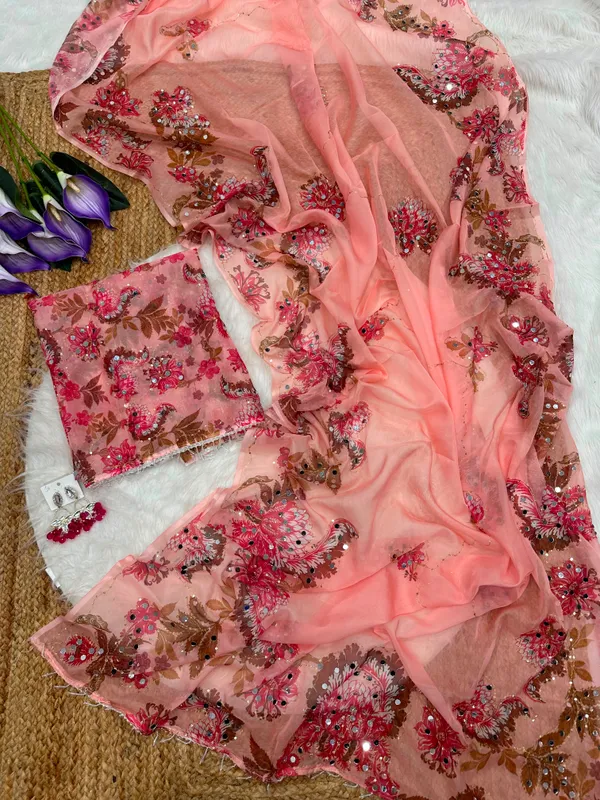 Peach_Mirror_Embroidered_Designer_Saree