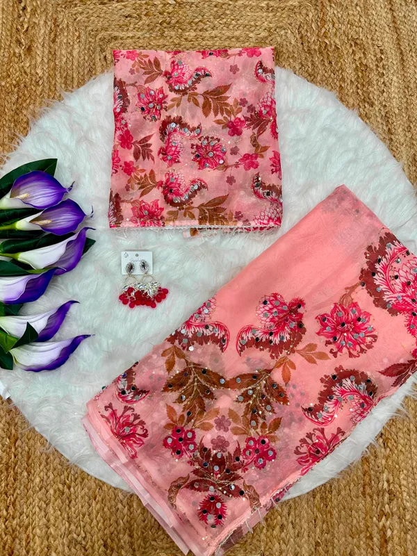 Peach_Mirror_Embroidered_Designer_Saree