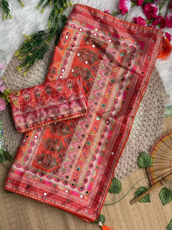 Orange_Ajarakh_Print_Mirror_Embroidered_Saree