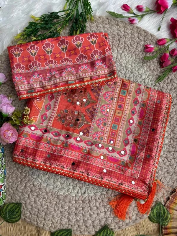 Orange_Ajarakh_Print_Mirror_Embroidered_Saree