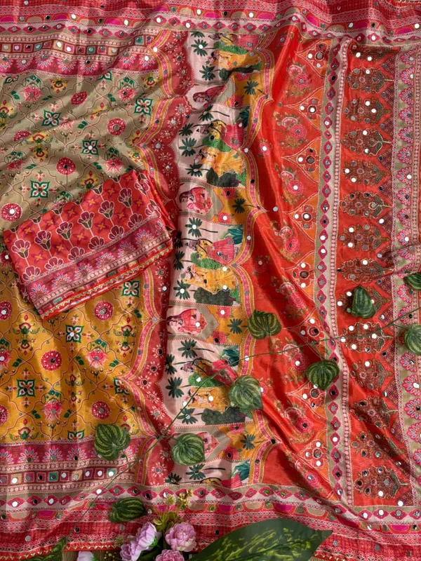 Orange_Ajarakh_Print_Mirror_Embroidered_Saree