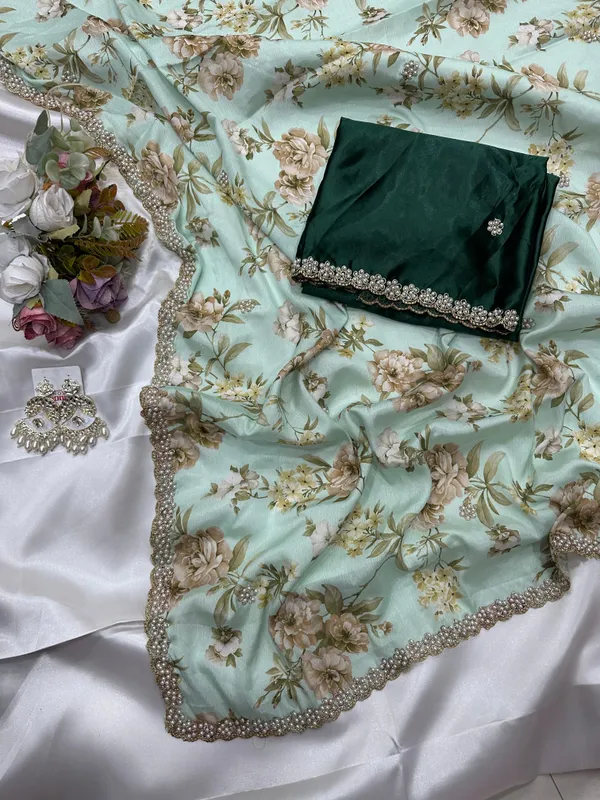 Teal_Floral_Print_Embroidered_Saree