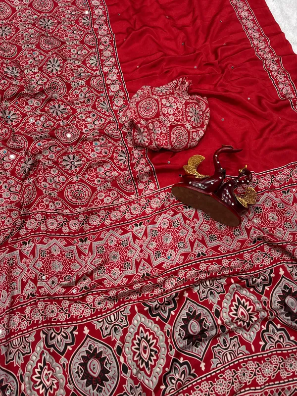 Red_Ajarakh_Print_Mirror_Embroidered_Saree