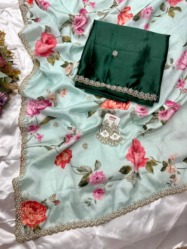 Teal_Floral_Print_Embroidered_Saree