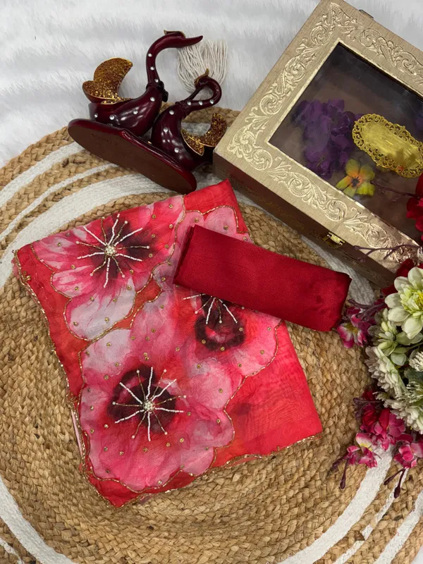 Cherry_Red_Katdana_and_Beads_Hand-Embroidered_Saree
