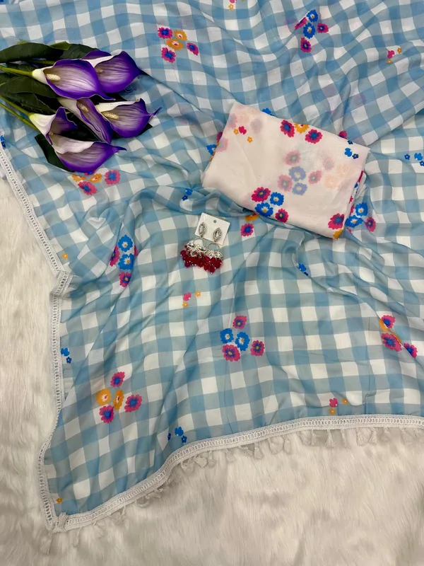 Blue_Checks_Floral_Print_Designer_Saree