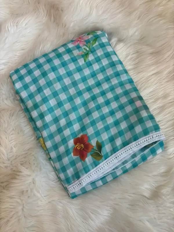 Blue_Checks_Floral_Print_Designer_Saree