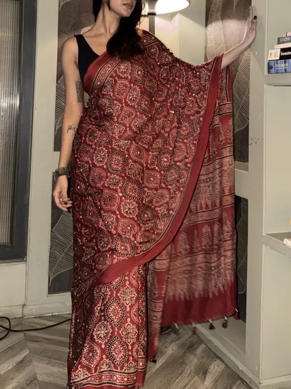 Red_Ajarakh_Print_Mirror_Embroidered_Saree