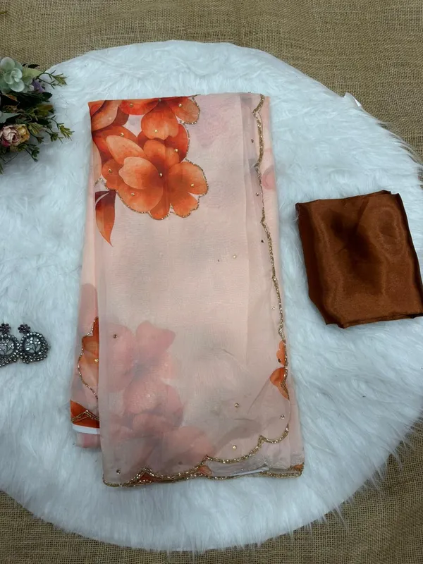 Peach_Floral_Print_Hand-Embroidered_Saree