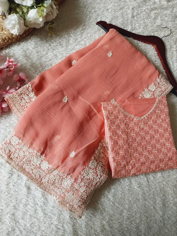 Peach_Crunchy_Chiffon_Silk_Designer_Saree