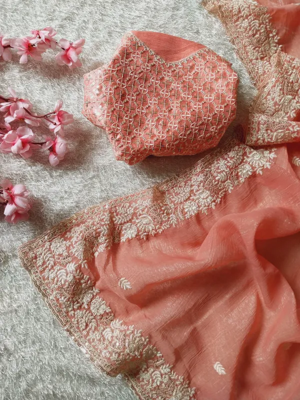 Peach_Crunchy_Chiffon_Silk_Designer_Saree