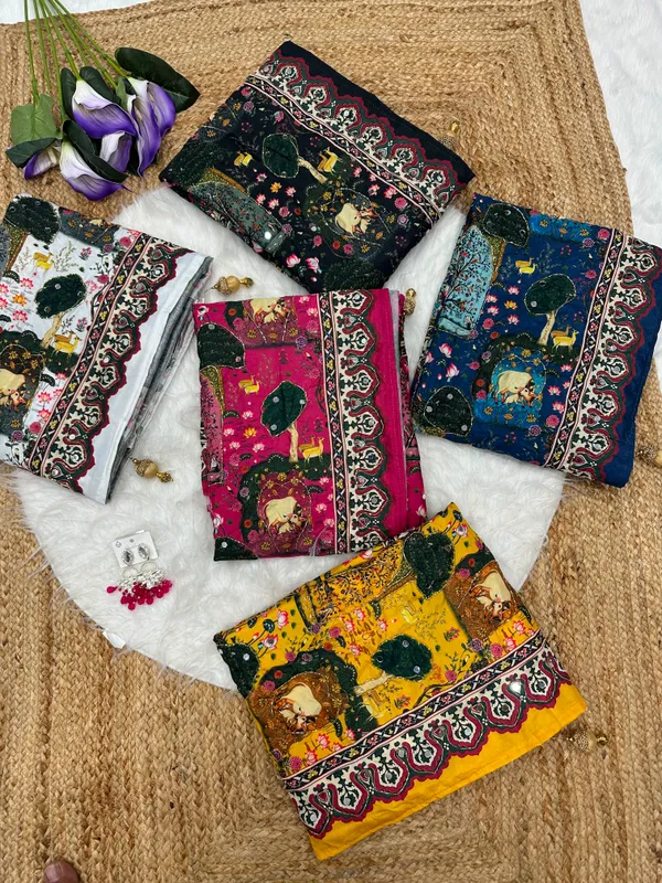 Yellow_Pichwai_Print_Hand_Embroidered_Saree