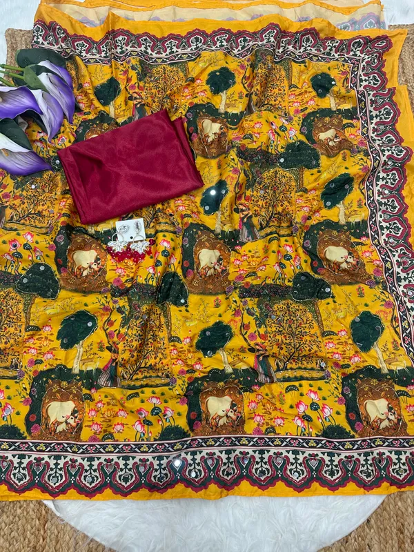 Yellow_Pichwai_Print_Hand_Embroidered_Saree