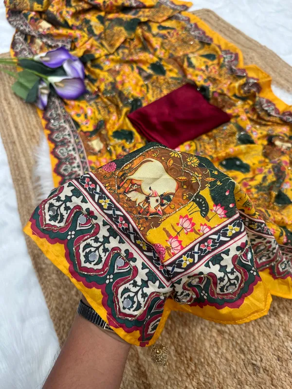 Yellow_Pichwai_Print_Hand_Embroidered_Saree
