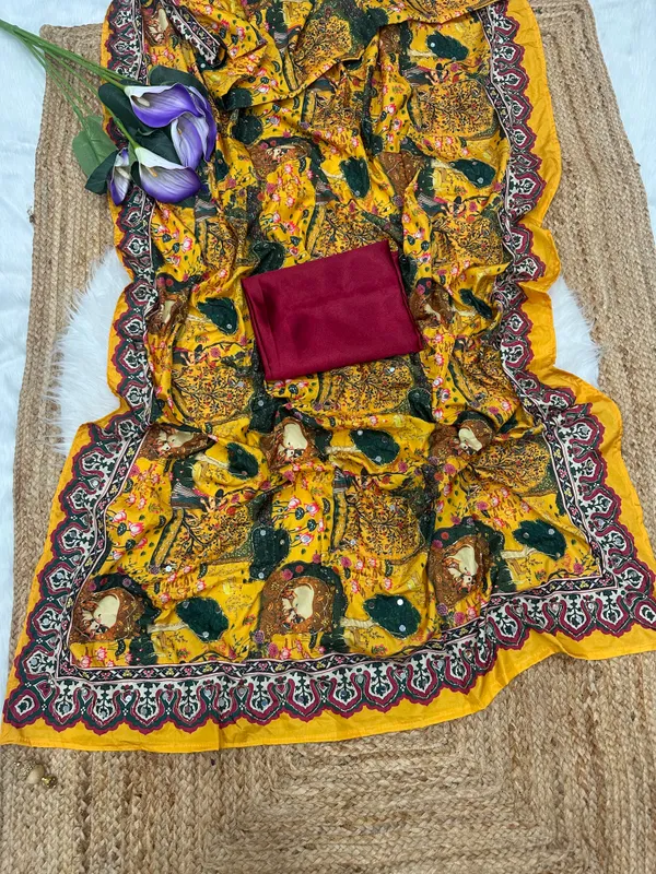 Yellow_Pichwai_Print_Hand_Embroidered_Saree