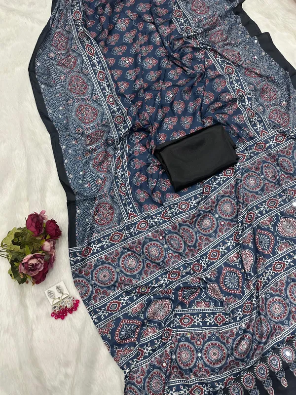 Navy-Blue_Ajarakh_Print_Mirror_Embroidered_Saree