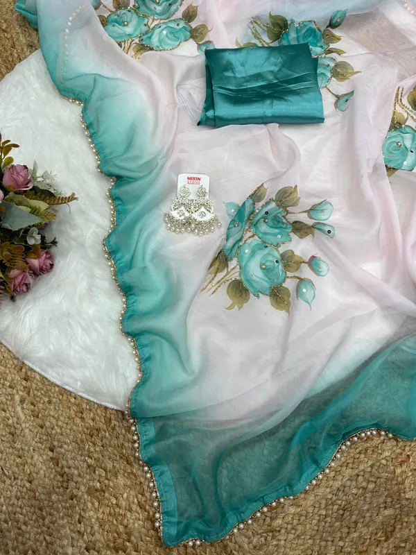 Teal_Katdana_and_Beads_Hand-Embroidered_Saree