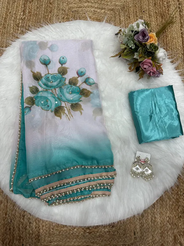 Teal_Katdana_and_Beads_Hand-Embroidered_Saree