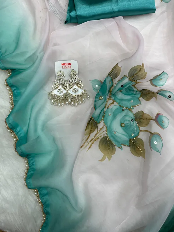 Teal_Katdana_and_Beads_Hand-Embroidered_Saree