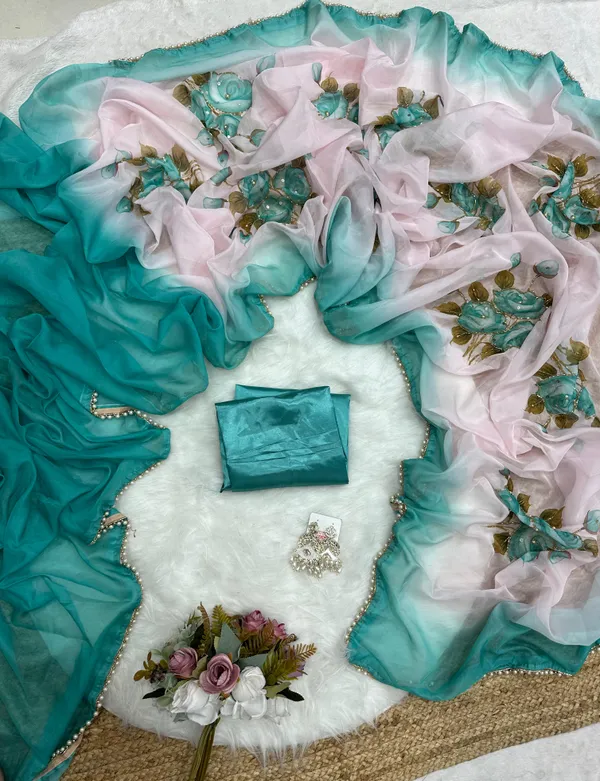 Teal_Katdana_and_Beads_Hand-Embroidered_Saree