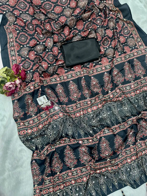 Navy_Ajarakh_Print_Mirror_Work_Saree