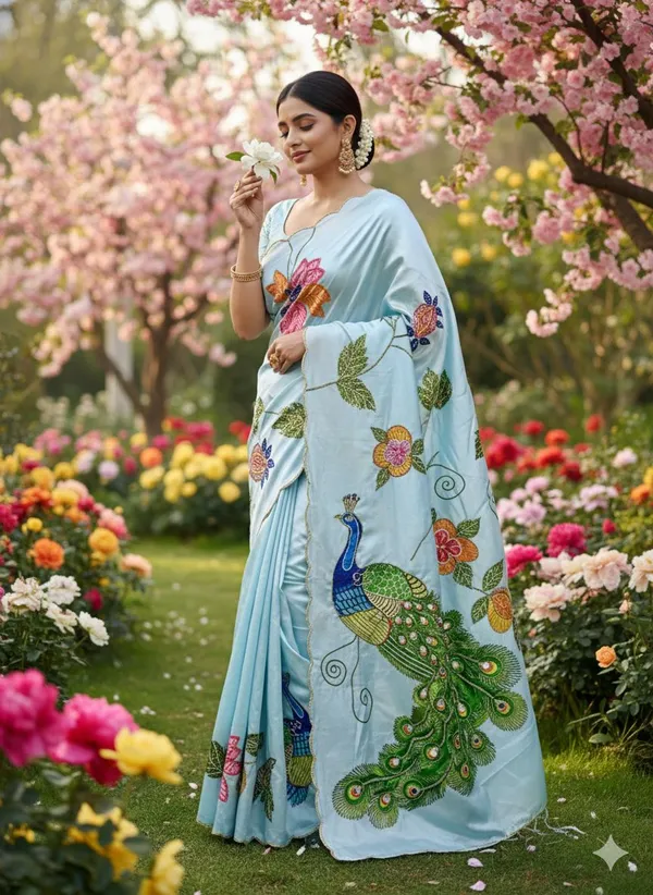 Sky-Blue_Peacock_Hand-Embroidered_Saree