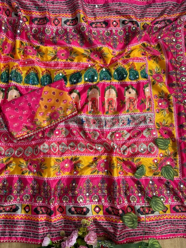 Multicolor_Ajarakh_Print_Mirror_Embroidered_Saree