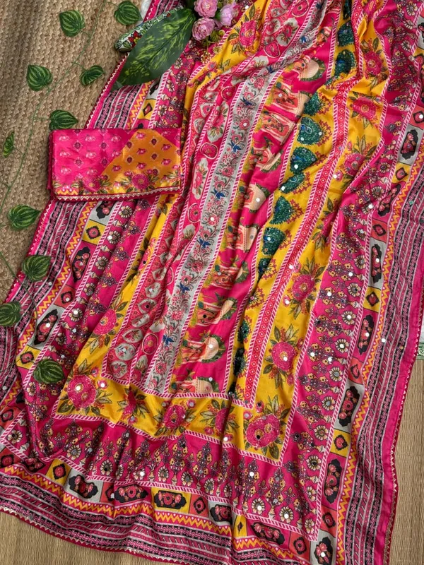 Multicolor_Ajarakh_Print_Mirror_Embroidered_Saree