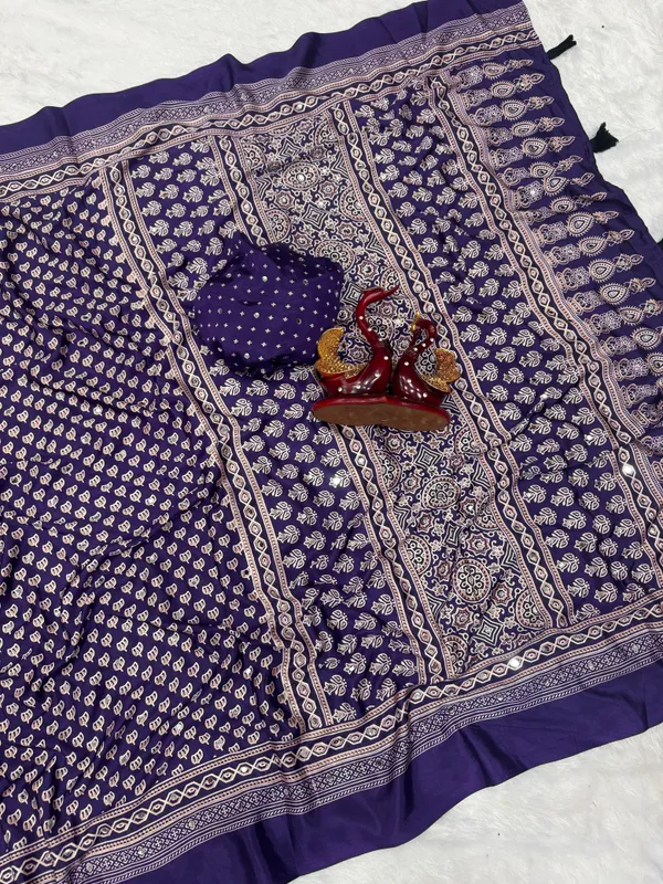 Royal_Blue_Ajarakh_Print_Mirror_Embroidered_Saree
