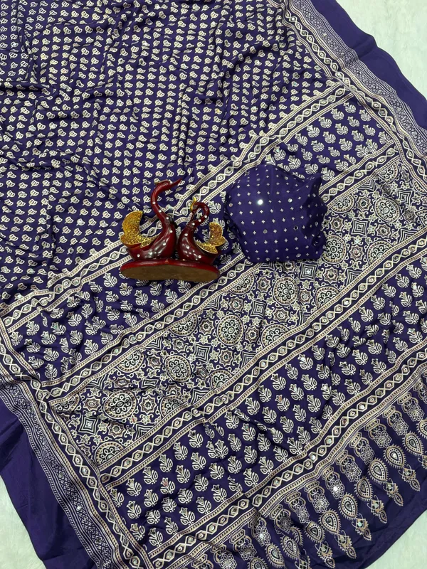 Royal_Blue_Ajarakh_Print_Mirror_Embroidered_Saree
