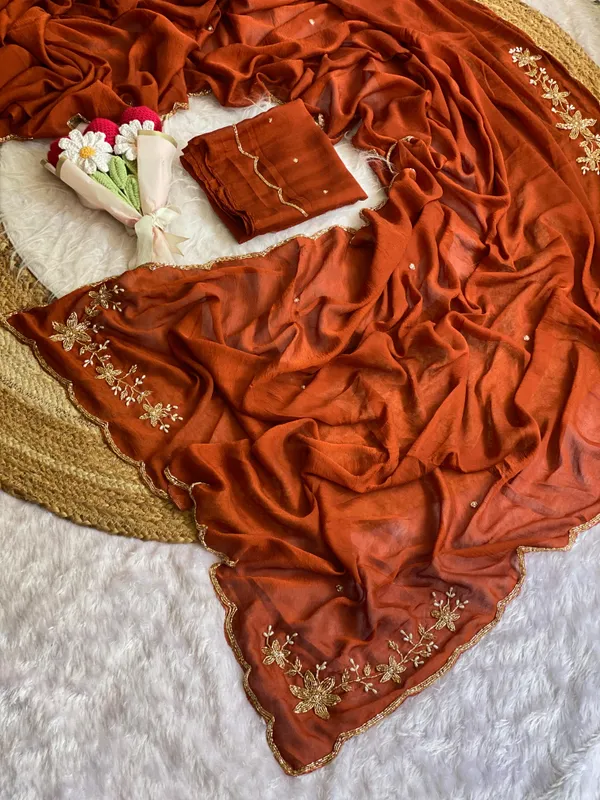Orange_Chocolate_Silk_Handwork_Saree