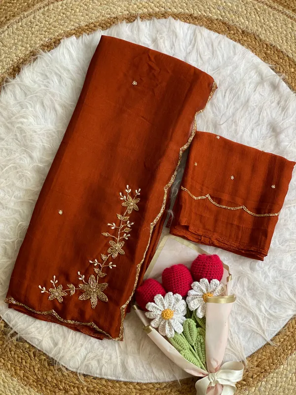 Orange_Chocolate_Silk_Handwork_Saree