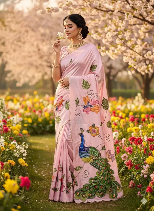 Pink_Peacock_Hand-Embroidered_Saree