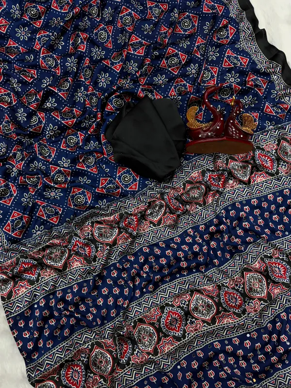 Navy-Blue_Ajarakh_Print_Mirror_Embroidered_Saree