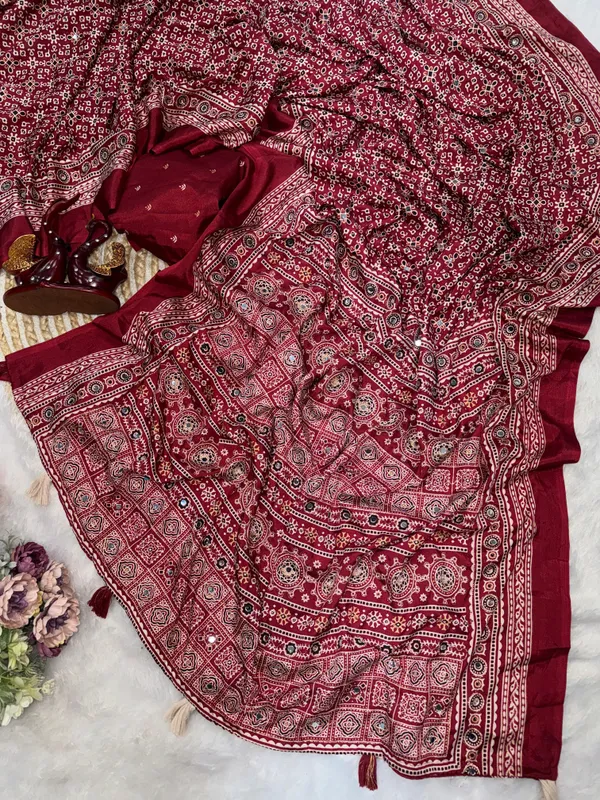 Maroon_Ajarakh_Print_Mirror_Embroidered_Saree