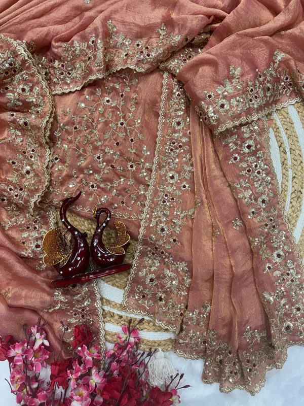 Peach_Satin_Chiffon_Silk_Designer_Saree