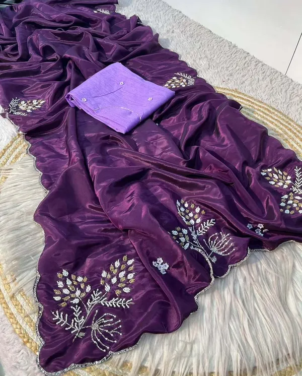 Wine_Satin_Silk_Handwork_Saree