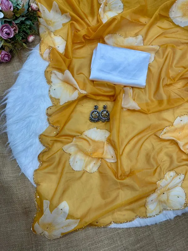Yellow_Floral_Print_Hand-Embroidered_Saree