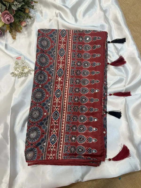 Maroon_Ajarakh_Print_Mirror_Work_Saree