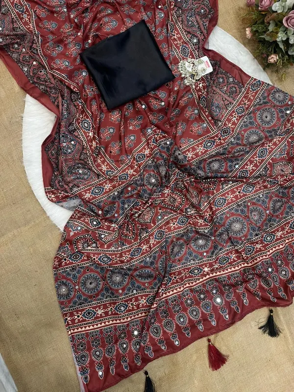 Maroon_Ajarakh_Print_Mirror_Work_Saree