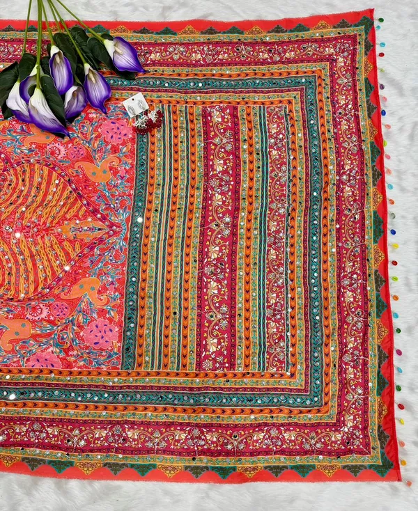 Orange_Ajarakh_Print_Mirror_Embroidered_Saree